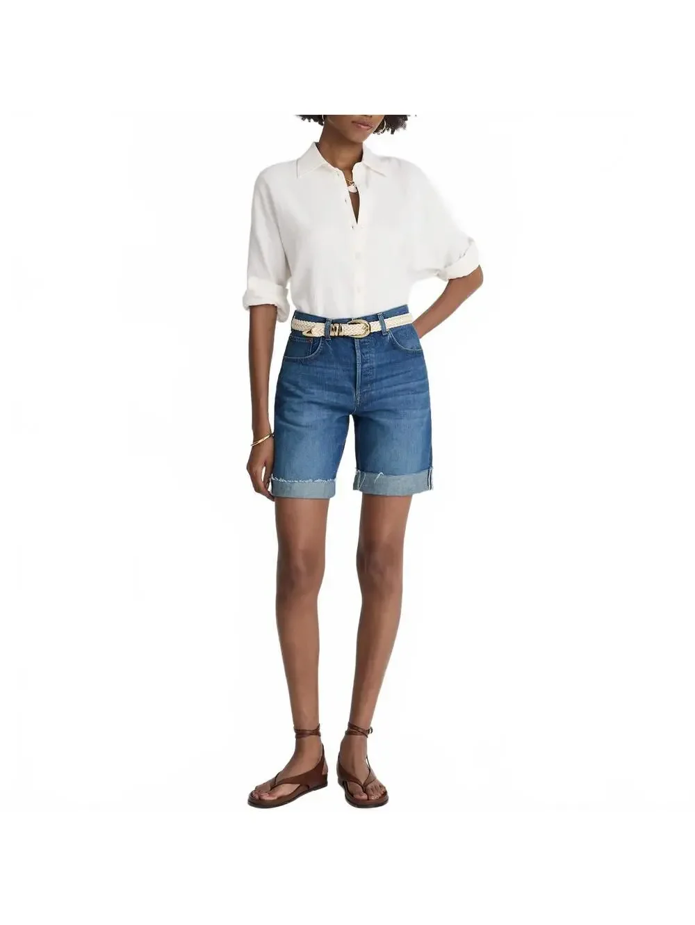 Madewell Long Baggy Cuffed Jean Shorts Rigid Blue Mifflin Wash NWT Size 25